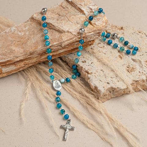 Camándula católica en acero con ágata azul | Rosario elegante Colombia