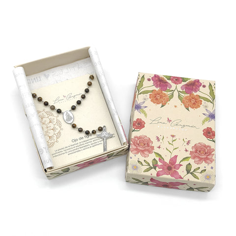 Camándula católica en acero con ojo de tigre | Rosario elegante Colombia