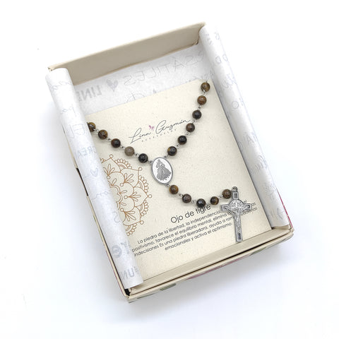 Camándula católica en acero con ojo de tigre | Rosario elegante Colombia