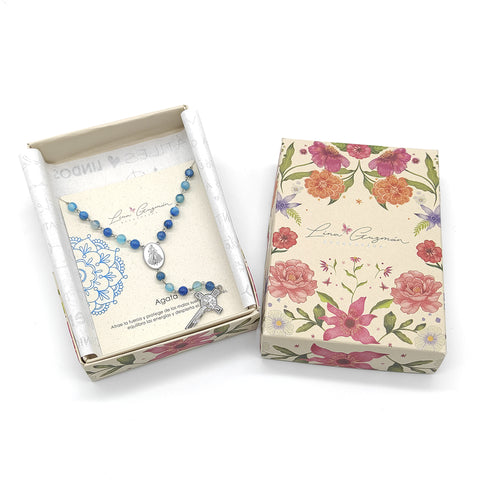 Camándula católica en acero con ágata azul | Rosario elegante Colombia