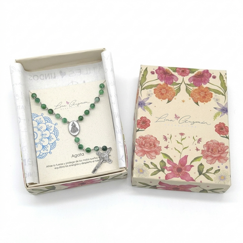 Camándula católica en acero con ágata verde | Rosario elegante Colombia