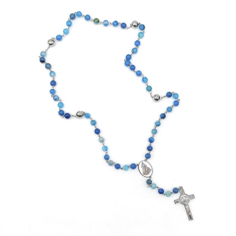 Camándula católica en acero con ágata azul | Rosario elegante Colombia