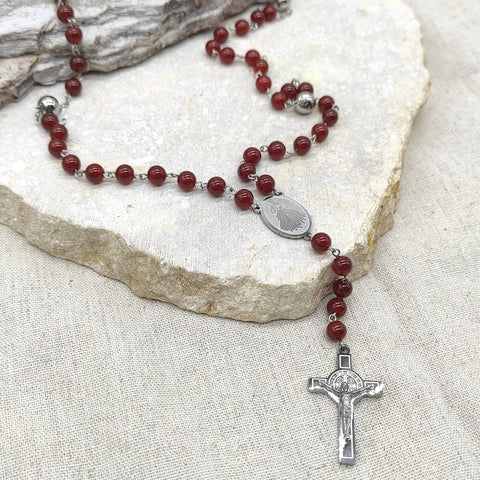 Camándula católica en acero con cornalina | Rosario elegante Colombia