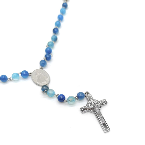 Camándula católica en acero con ágata azul | Rosario elegante Colombia