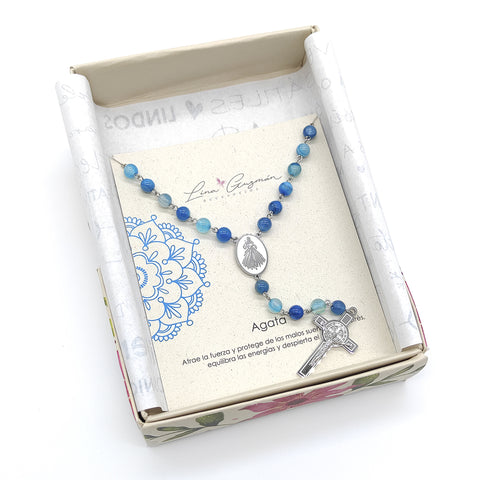 Camándula católica en acero con ágata azul | Rosario elegante Colombia