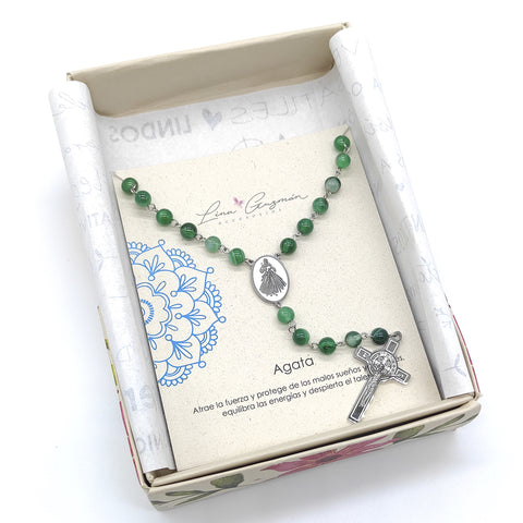 Camándula católica en acero con ágata verde | Rosario elegante Colombia