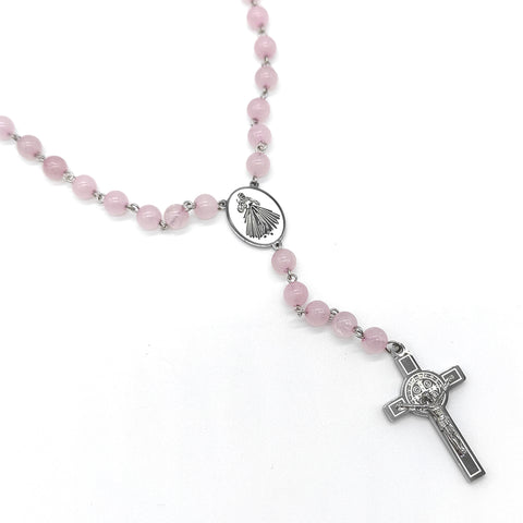 Camándula católica en acero con cuarzo rosado | Rosario elegante Colombia