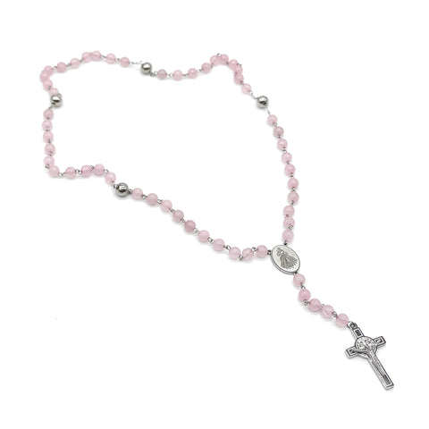 Camándula católica en acero con cuarzo rosado | Rosario elegante Colombia