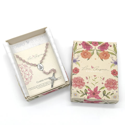 Camándula católica en acero con cuarzo rosado | Rosario elegante Colombia