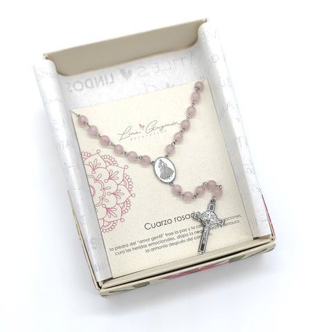 Camándula católica en acero con cuarzo rosado | Rosario elegante Colombia