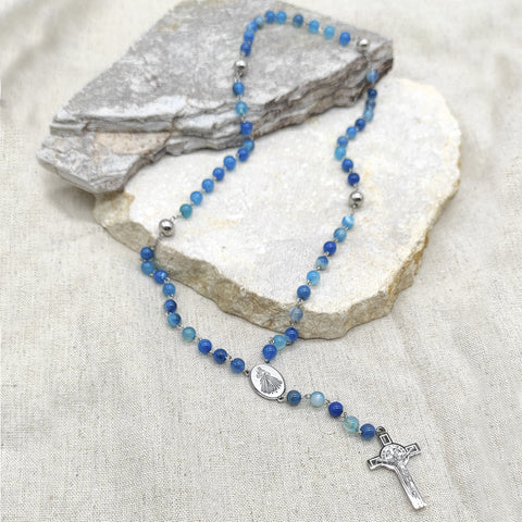 Camándula católica en acero con ágata azul | Rosario elegante Colombia
