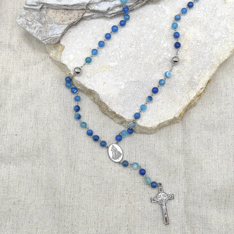 Camándula católica en acero con ágata azul | Rosario elegante Colombia