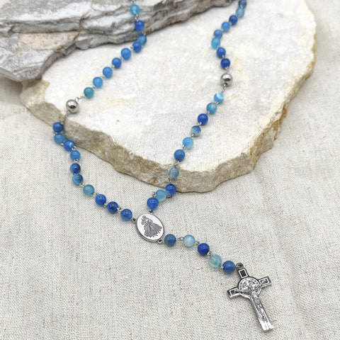 Camándula católica en acero con ágata azul | Rosario elegante Colombia
