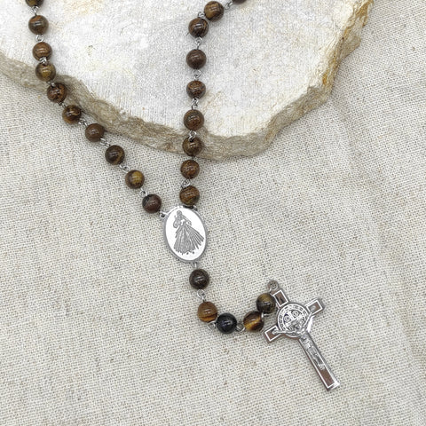 Camándula católica en acero con ojo de tigre | Rosario elegante Colombia