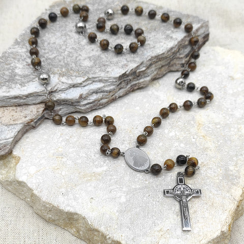 Camándula católica en acero con ojo de tigre | Rosario elegante Colombia