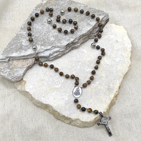 Camándula católica en acero con ojo de tigre | Rosario elegante Colombia